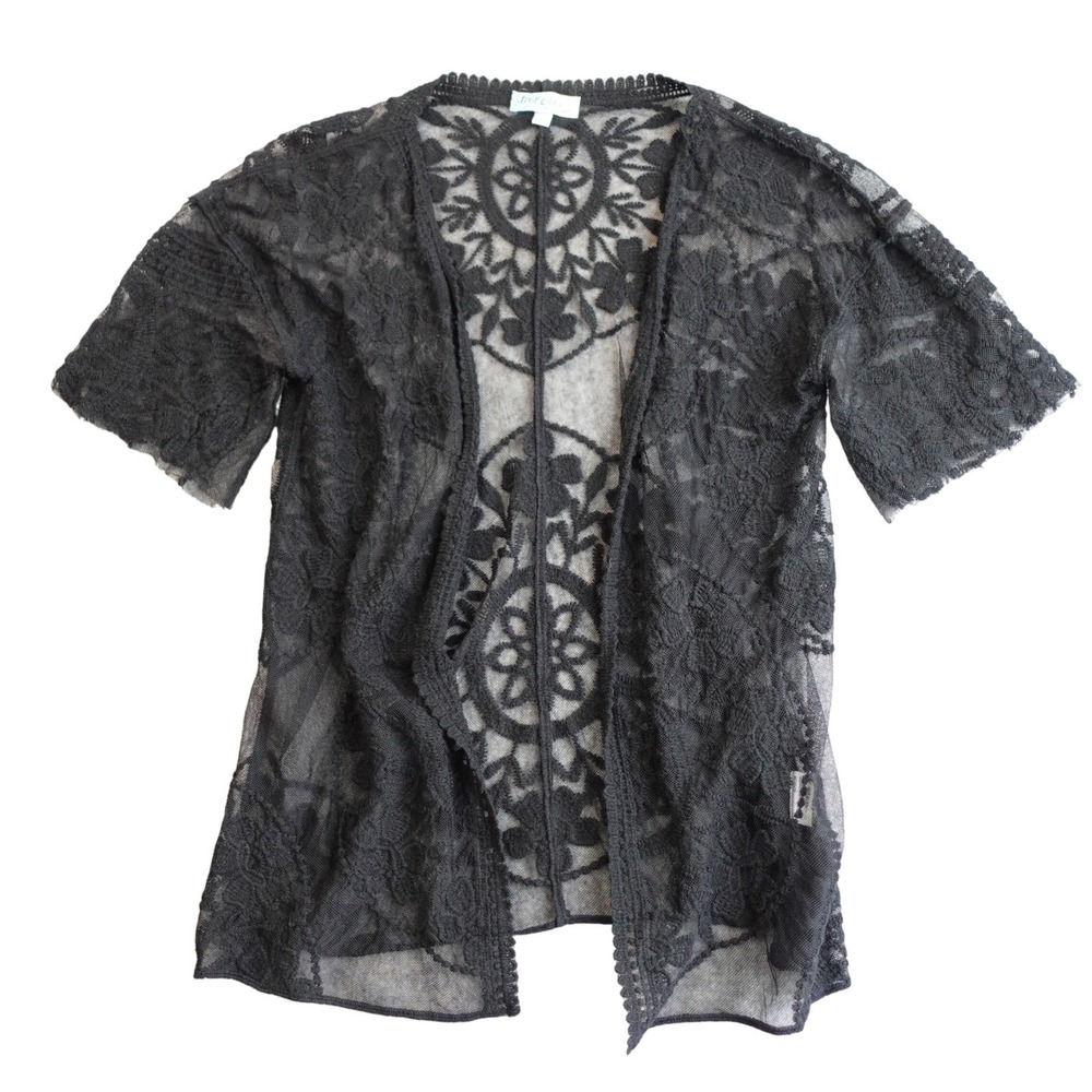 Black Crochet Lace Cardigan Womens L Sheer Floral Mesh Whimsigoth Dark Romantic